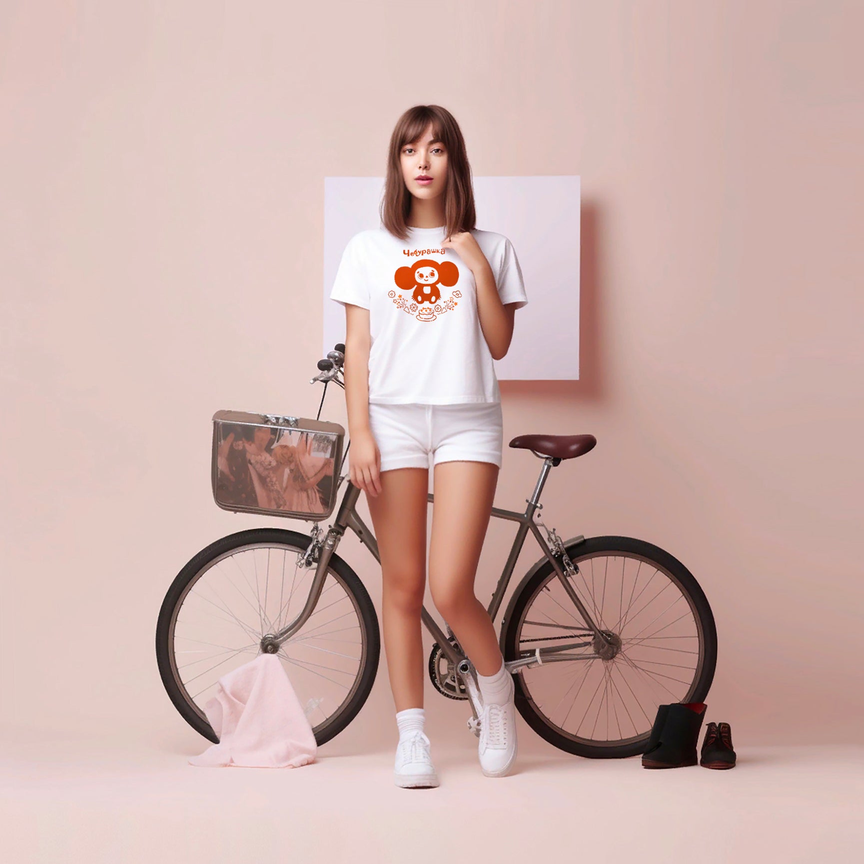 Cute girl wearing white unisex tee with Cheburashka