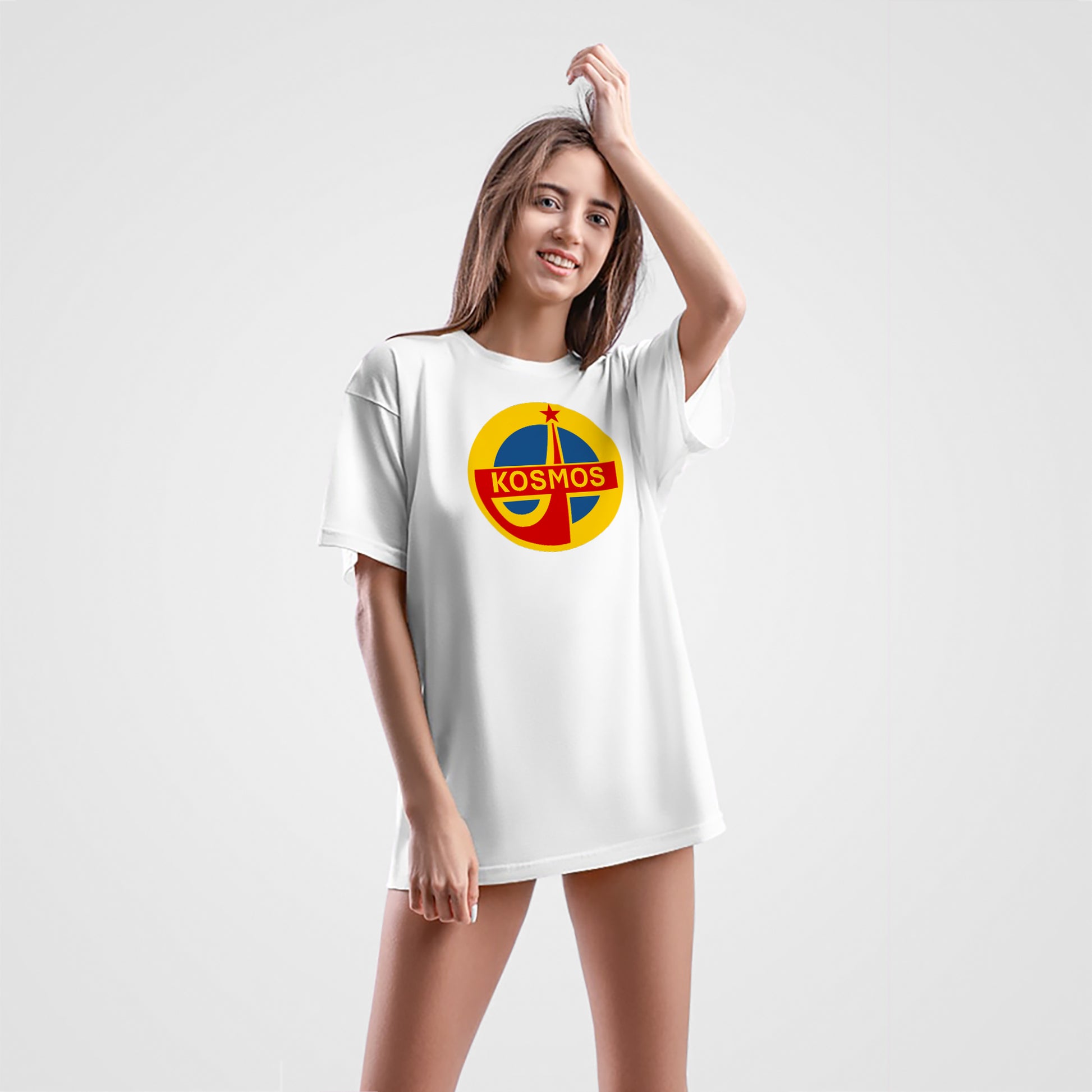 Cute and sexy girl wearing Interkosmos Soviet space program large unisex white T-shirt