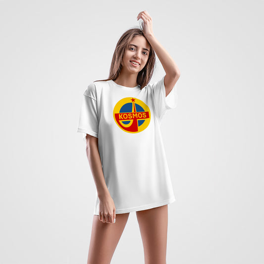 Cute and sexy girl wearing Interkosmos Soviet space program large unisex white T-shirt