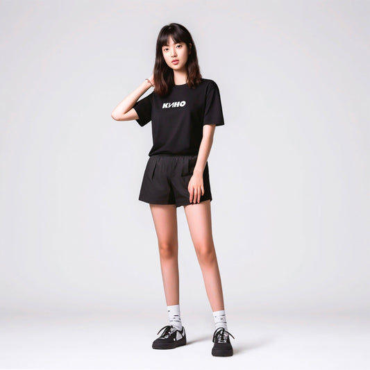 Cute asian girl model wearing Viktor Tsoi KINO band unisex black T-shirt