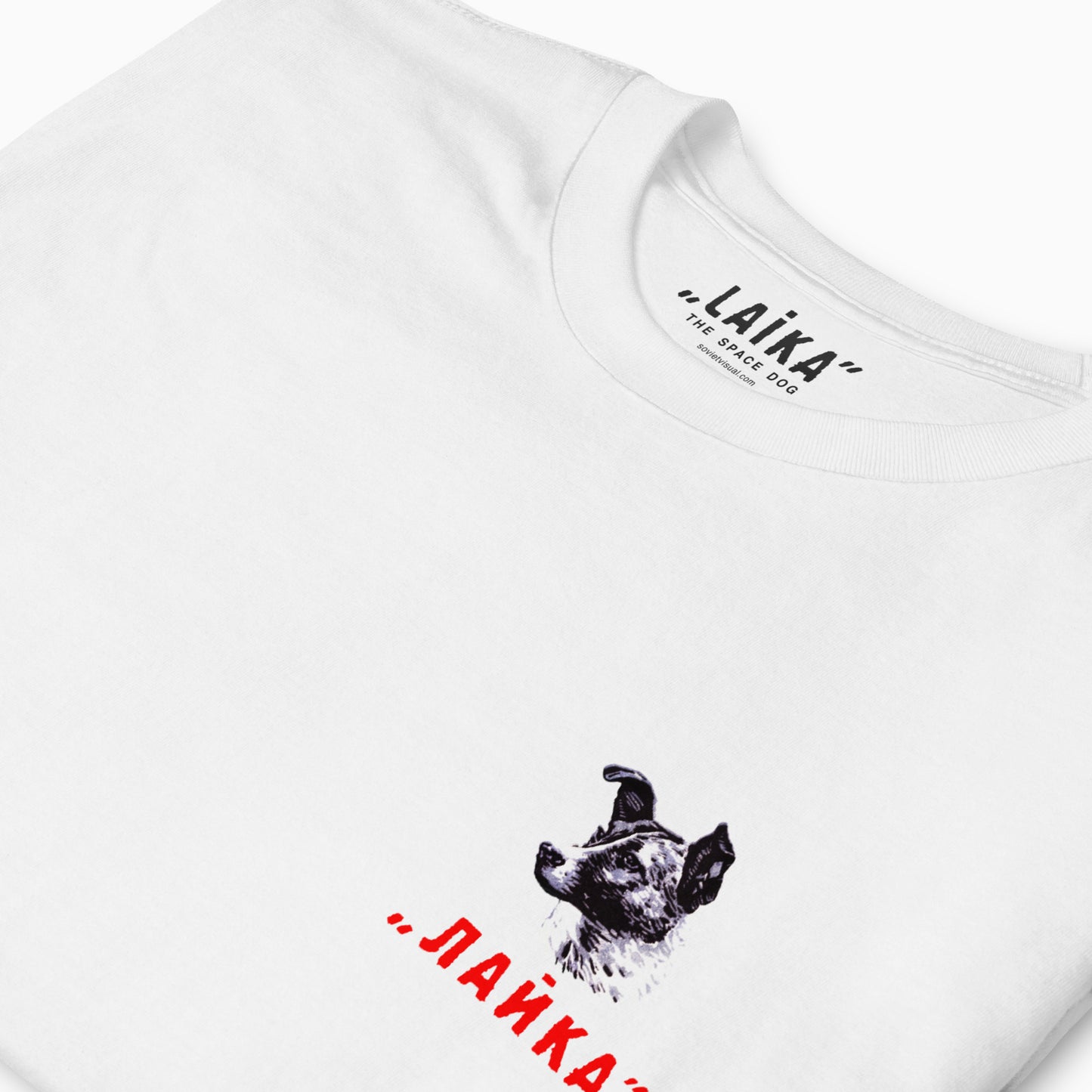 Laika The Space Dog unisex white T-shirt - closeup logo and print details