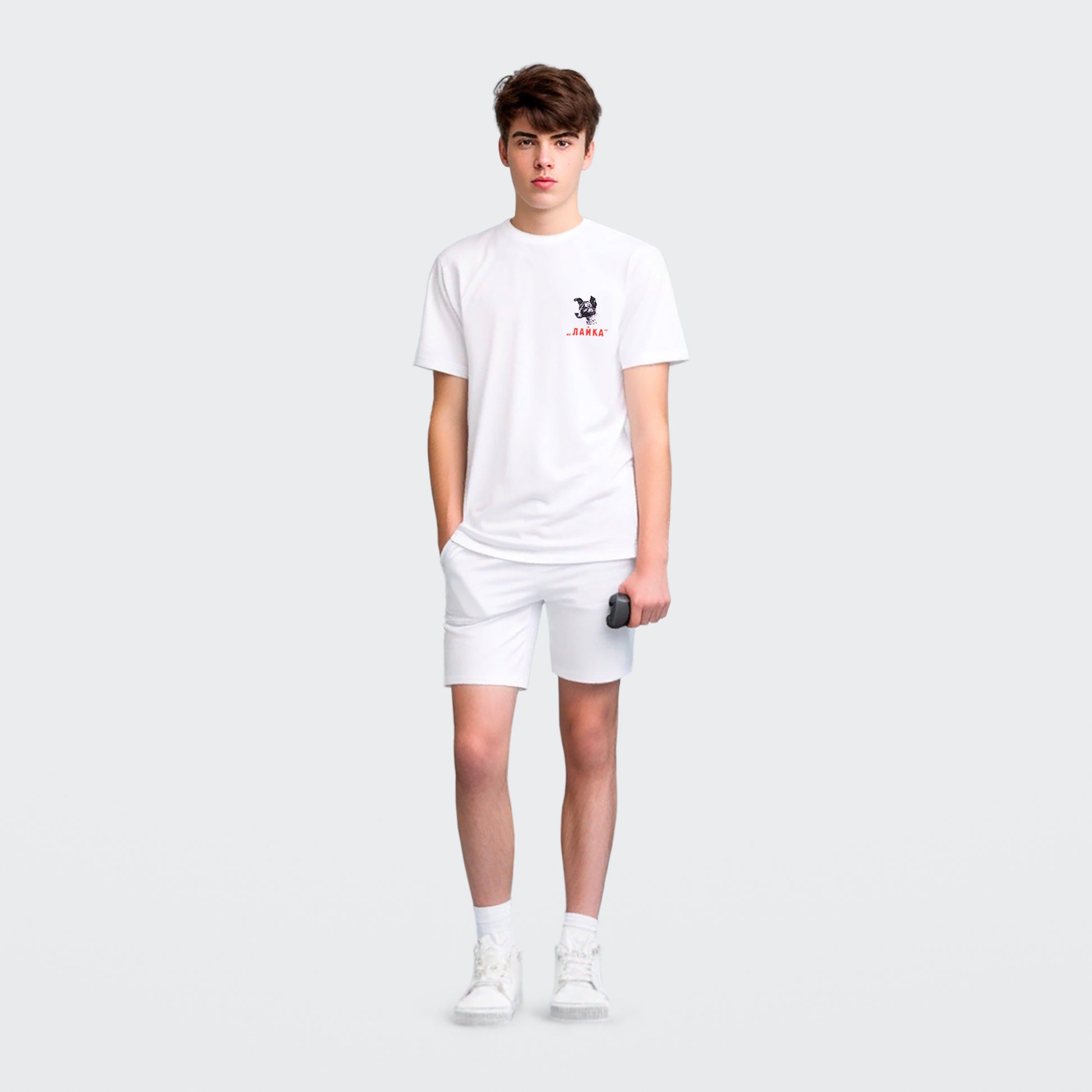 Boy wearing Laika The Space Dog unisex white T-shirt