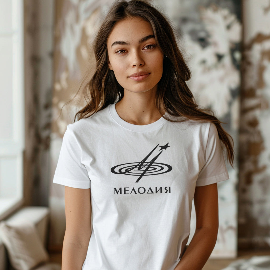 Young cute girl wearing white T-shirt with Soviet Melodia Records logo