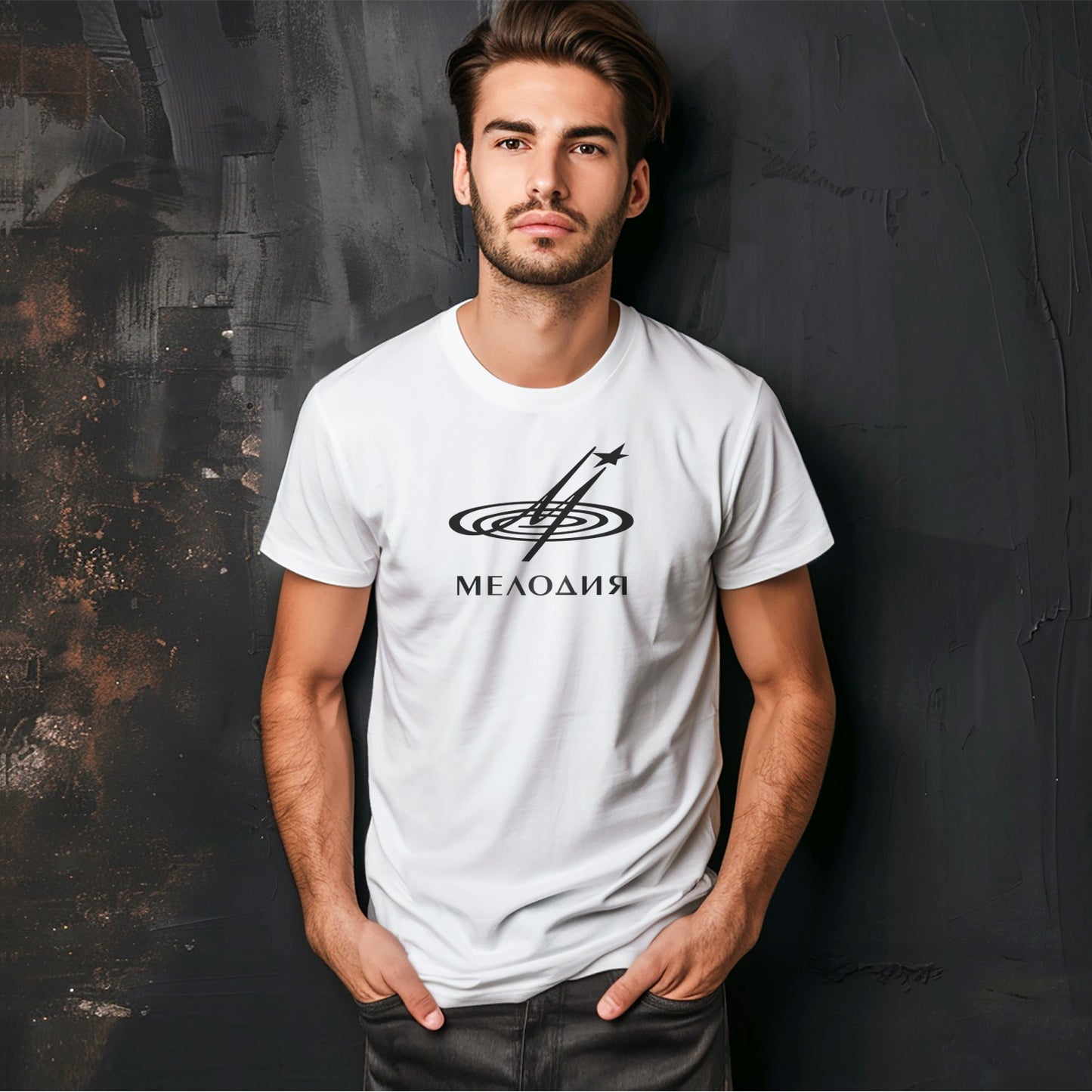 Young handsome boy wearing Melodia white unisex tshirt