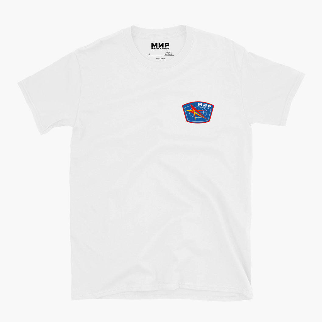 White unisex T-shirt with MIR Space station logo and MIR Space Station lettering design on the back tag space