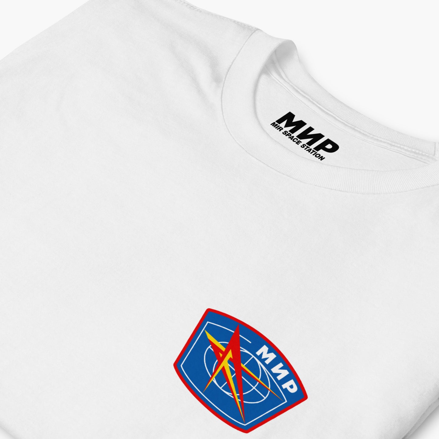 white unisex T-shirt with MIR Space station logo - closeup photo