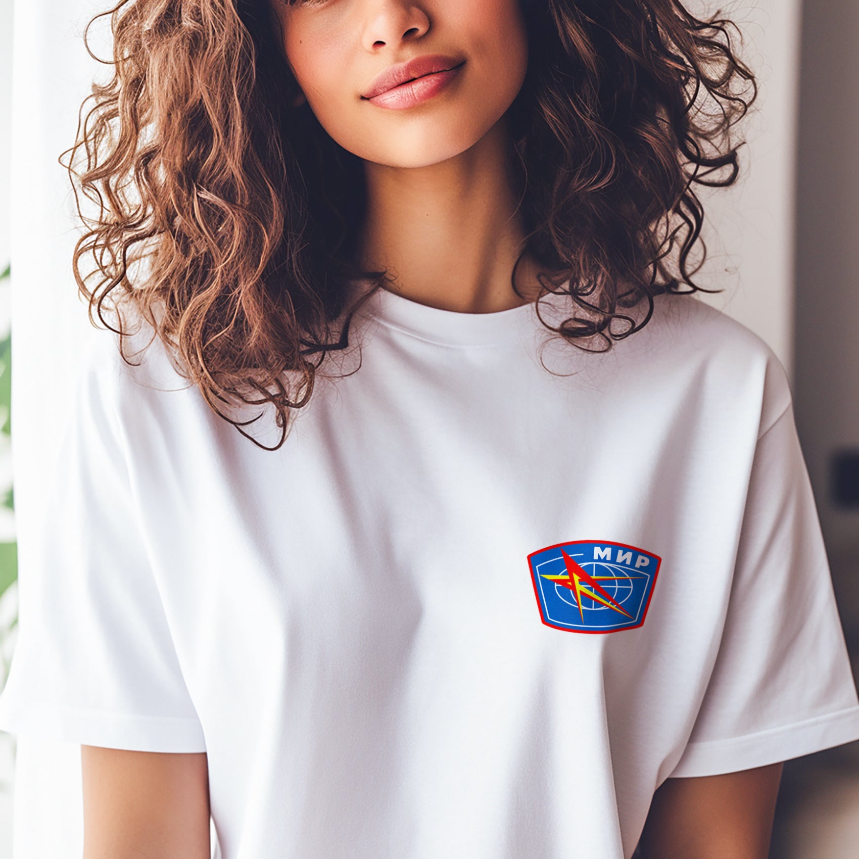 Cute girl model in white unisex T-shirt with MIR Space station logo