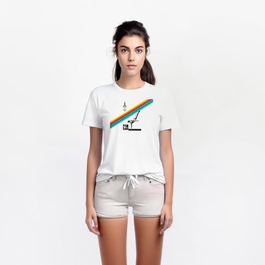 Cute girl model in short shorts wearing vintage Soviet Moscow 1980 Olympics white unisex Tee